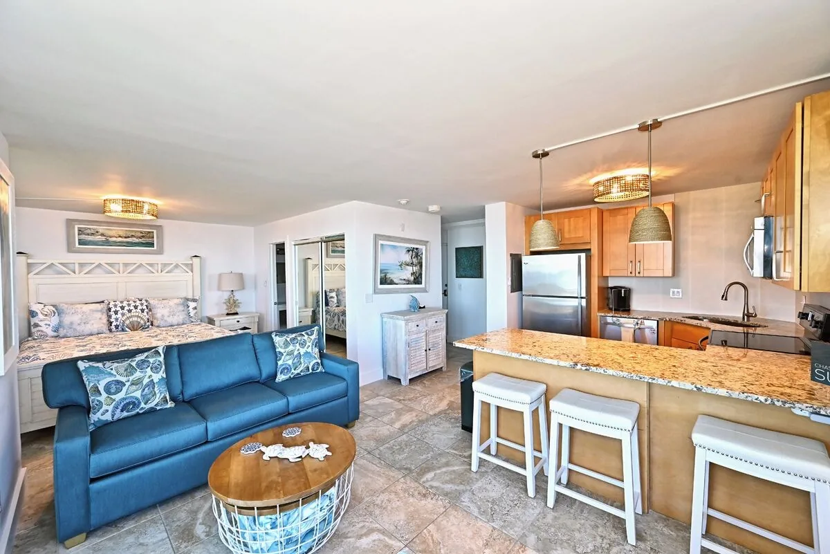 Kitchen and dining area at Beachfront Haven